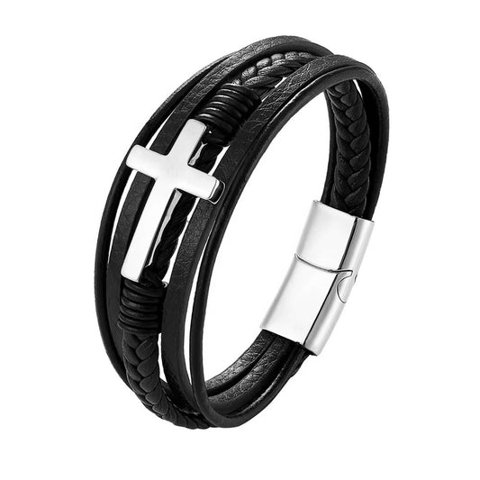 Men’s Braided Leather Bracelet with Cross & Steel Clasp